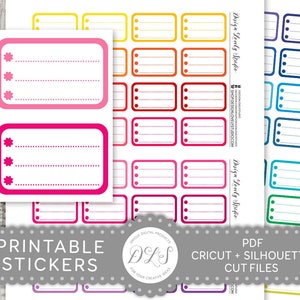 Puede incluir: Hoja de pegatinas imprimibles con etiquetas rectangulares de colores con líneas punteadas y un diseño de estrella. Las etiquetas son de varios colores, incluyendo rojo, naranja, amarillo, verde, azul, morado y rosa. El texto "Design Lovely Studio" está impreso en la hoja. El texto "Pegatinas imprimibles" está impreso en la parte inferior de la hoja.