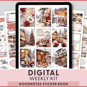 May include: Digital weekly kit for GoodNotes sticker book. The image shows a tablet displaying Christmas-themed illustrations, surrounded by sticker sheets with labels and icons. The text "DIGITAL WEEKLY KIT" is visible.