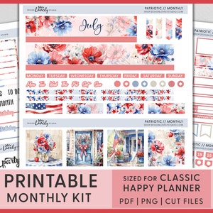 Kit de adesivos mensais de julho, adesivos de planejador de julho, adesivos de planejador feliz para impressão, 4 de julho, Dia da Independência, floral, patriótico HPMV250