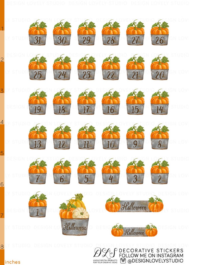 May include: Thirty-one orange pumpkins in galvanized buckets with numbers 1 through 31. The pumpkins are arranged in rows of five, with the last row having only one pumpkin. The pumpkins are all the same size and shape, and they are all facing the viewer. The buckets are all the same size and shape, and they are all painted a silver color. The numbers are all black and white. There are two banners that say "Halloween" in black text on a white background.