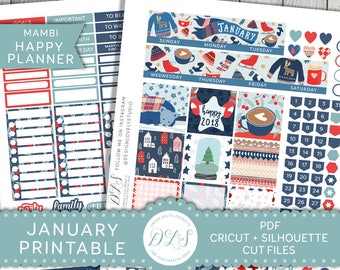 January Stickers, January Monthly View, Mambi Happy Planner, Printable Planner Stickers, New Year Planner, 2018 Stickers, Cut Files HPMV114
