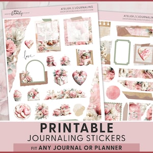 May include: Two sheets of printable journaling stickers with a romantic theme. The stickers feature floral designs, hearts, gift boxes, and frames in shades of pink, white, and brown. Text on the stickers reads "love" and "PRINTABLE JOURNALING STICKERS".
