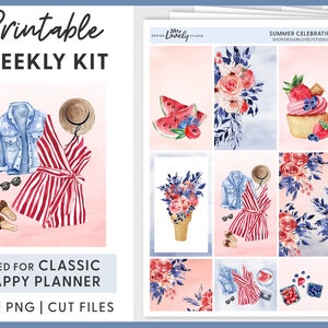 Adesivi Happy Planner, Kit Planner di luglio, Adesivi Planner stampabili, File tagliati, Adesivi del 4 luglio, Kit di adesivi settimanali, Kit estivo, HP208