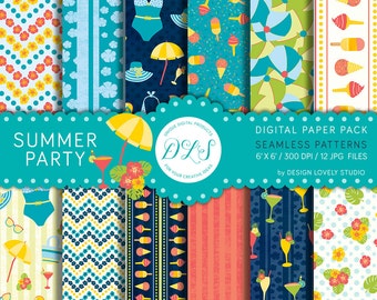 Summer Digital Paper Pack : "Summer Party" Summer Scrapbook Paper Vacation Beach Day Pool Party Paper Cocktail Bathing Suit Popsicle DP103