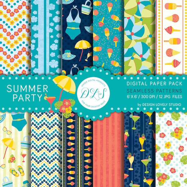 Summer Digital Paper Pack : "Summer Party" Summer Scrapbook Paper Vacation Beach Day Pool Party Paper Cocktail Bathing Suit Popsicle DP103