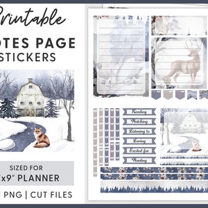 Puede incluir: Pegatinas imprimibles para planificador con una escena de invierno con un granero, un zorro y un ciervo. Las pegatinas están diseñadas para un planificador de 17,8 cm x 22,9 cm e incluyen una variedad de diseños, como una página de notas, un ciervo, un zorro, un granero y un bosque de invierno.