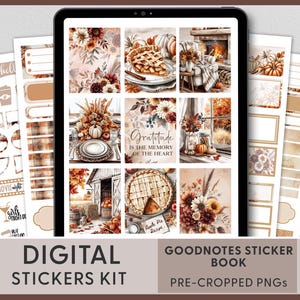 May include: Digital sticker kit for Goodnotes featuring a fall theme with images of pumpkins, pie, and a farmhouse. The kit includes pre-cropped PNG files.