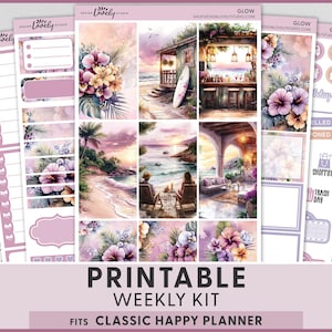 May include: A printable weekly kit for a Classic Happy Planner, featuring a watercolor design with tropical flowers, beach scenes, and a bar. The color palette includes shades of pink, purple, and green. The kit includes various stickers and planner elements.