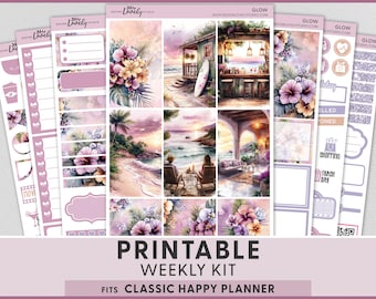 Adesivi stampabili per agenda "Serata estiva in spiaggia", kit di adesivi settimanali per Happy Planner, vacanze al mare, tramonto sull'oceano, HP302