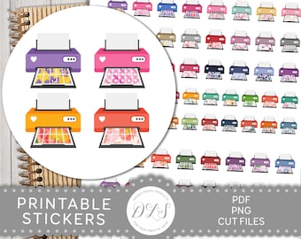 Könnte beinhalten: Druckbare Sticker-Bogen mit 48 bunten Drucker-Icons mit verschiedenen Farben und gemustertem Papier. Die Icons sind in einem Raster angeordnet. Der Text "Druckbare Sticker" und "PDF PNG SCHNEIDDATEIEN" befindet sich am unteren Rand des Bildes.