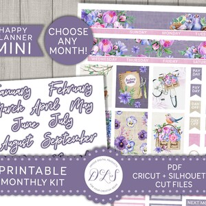 Mini kit de adesivos mensais para planejador feliz, adesivos para planejador de primavera, kit mensal de abril, adesivos para planejador floral, adesivos para planejador roxo, MM201