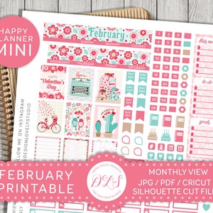 February Mini Happy Planner, February Monthly Kit, Mambi Planner Stickers, Mini Happy Planner Printable, Valentine's Stickers, MM102 image 1