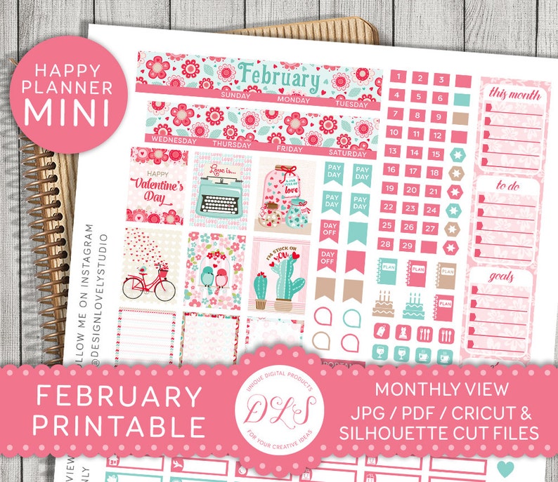 February Mini Happy Planner, February Monthly Kit, Mambi Planner Stickers, Mini Happy Planner Printable, Valentine's Stickers, MM102 image 1