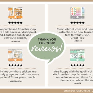 May include: Four customer reviews for sticker kits with images of the products and text highlighting the quality and design. The text reads "Thank you for your reviews!"