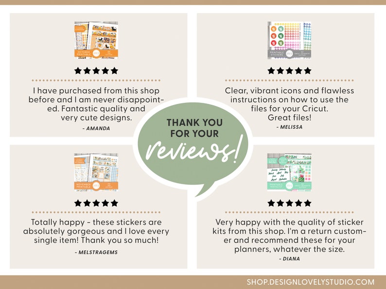 May include: Four customer reviews for sticker kits with images of the products and text highlighting the quality and design. The text reads "Thank you for your reviews!"