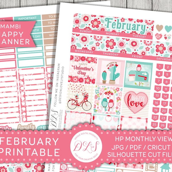 Februar Monthly Kit, Happy Planner Februar Aufkleber, druckbare Februar Sticker, Happy Planner Valentines Aufkleber, geschnitten Dateien, HPMV117