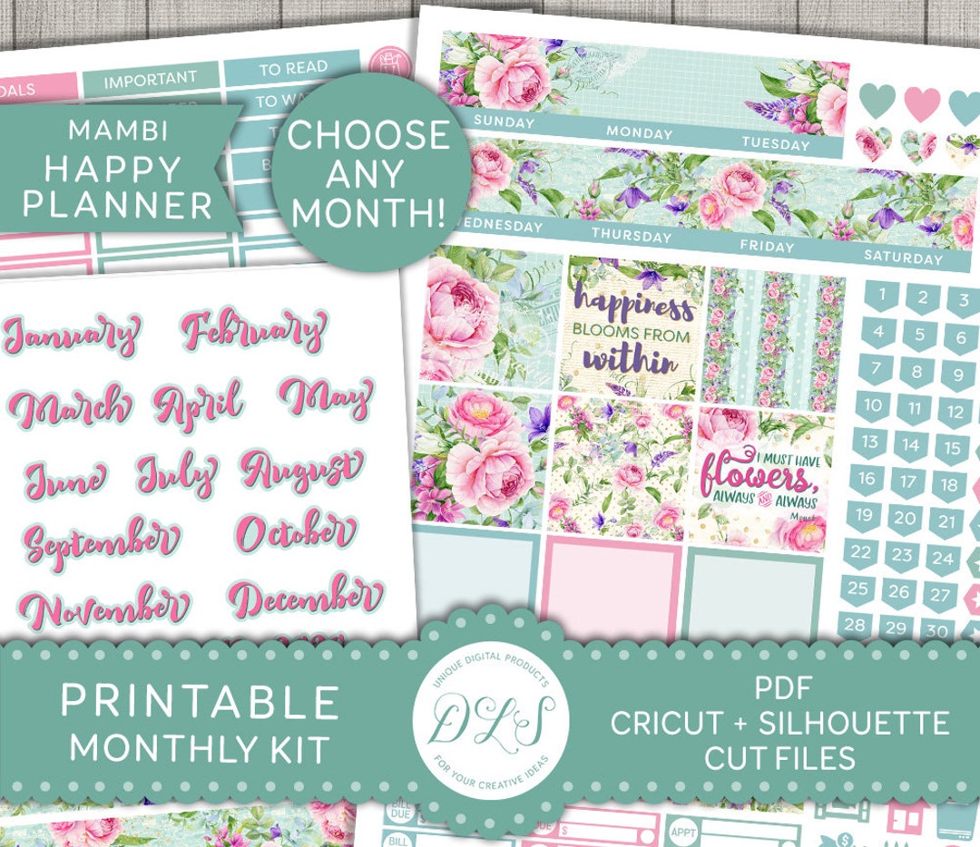 Printable Happy Planner Monthly Kit, Floral Monthly Stickers, Happy ...
