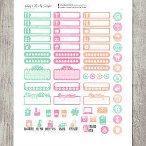 May include: A printable sheet of planner stickers with a pastel color scheme. The stickers feature various icons and text, including "Happy Mail", "Important", "Birthday", "Laundry", "Clean", "Shopping", "Iron", "Vacuum", "Trash Day", and "YouTube".