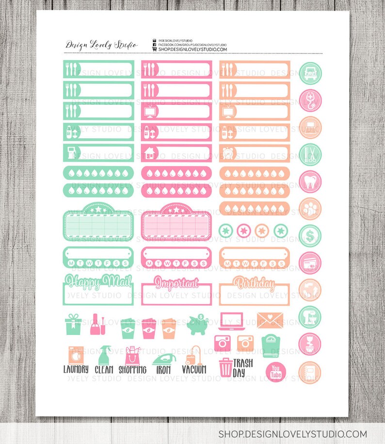 May include: A printable sheet of planner stickers with a pastel color scheme. The stickers feature various icons and text, including "Happy Mail", "Important", "Birthday", "Laundry", "Clean", "Shopping", "Iron", "Vacuum", "Trash Day", and "YouTube".