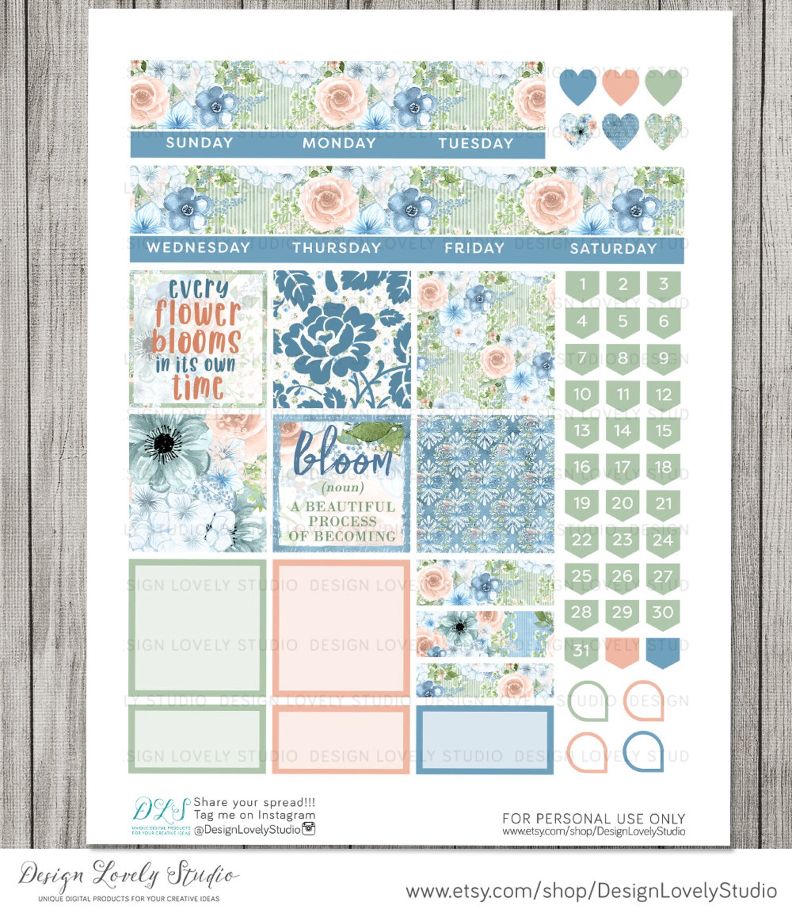 Printable FLORAL Monthly Stickers Kit, Big Happy Planner Monthly ...