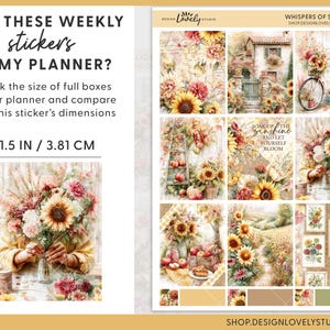 May include: A sheet of weekly planner stickers with a floral theme. The stickers feature sunflowers, bouquets, and scenic illustrations. The dimensions of the stickers are 1.9 inches by 4.8 cm. The text on the sheet reads "Will these weekly stickers fit my planner?"