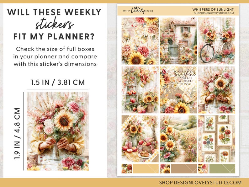 May include: A sheet of weekly planner stickers with a floral theme. The stickers feature sunflowers, bouquets, and scenic illustrations. The dimensions of the stickers are 1.9 inches by 4.8 cm. The text on the sheet reads "Will these weekly stickers fit my planner?"