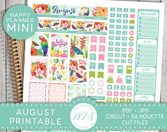 August Mini Happy Planner, August Monthly Happy Planner Printable, August Monthly Planner Kit, August Monthly Stickers Kit, Cut Files, MM115
