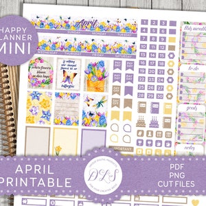Printable APRIL Monthly Stickers, Mini Happy Planner Printable April Planner Stickers, Spring Floral Planner Stickers Kit, Cut Files, MM184