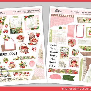 May include: A digital printable sticker sheet with a strawberry theme. The sheet includes various images of strawberries, a basket of strawberries, a cake, a strawberry milkshake, and a postcard. The sheet also includes various text elements, including "Strawberry Lane", "Journaling Kit", "Berrylicious", and "Post Card".