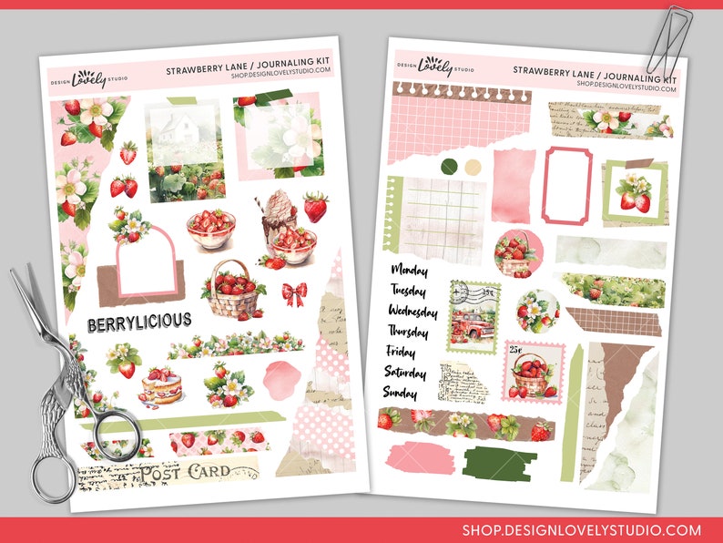 May include: A digital printable sticker sheet with a strawberry theme. The sheet includes various images of strawberries, a basket of strawberries, a cake, a strawberry milkshake, and a postcard. The sheet also includes various text elements, including "Strawberry Lane", "Journaling Kit", "Berrylicious", and "Post Card".