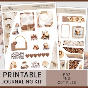 May include: Printable coffee themed journaling kit with stickers featuring coffee cups, coffee beans, hearts, and the text "Rise and Shine, It's Coffee Time".