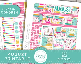 Printable Back to School Planner Stickers, Back to School Monthly Kit, August Planner Stickers, for Erin Condren Life Planner, MV166