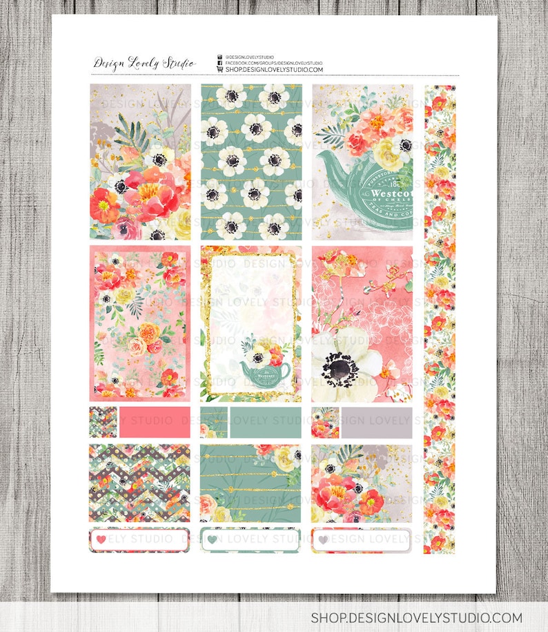 May include: A set of 12 printable planner stickers featuring floral patterns, a teapot, and geometric designs. The stickers are in shades of pink, green, and gold.