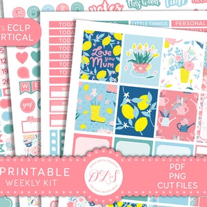 May include: Printable weekly planner stickers with a floral and lemon theme. The stickers feature a variety of designs, including lemons, flowers, watering cans, and a rain boot. The stickers are in pink, blue, yellow, and green colors. The text "Love you Mum" is featured on one of the stickers.