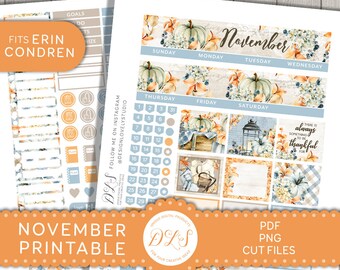 Kit d'autocollants mensuels imprimables de NOVEMBRE, s'adapte au planificateur de vie d'Erin Condren, autocollants de planificateur de Thanksgiving, fichiers coupés, autocollants numériques, MV180