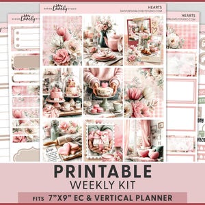 Puede incluir: Kit semanal imprimible para planificadores EC y verticales de 7"x9". El diseño presenta una paleta de colores rosa suave y beige con motivos florales y de corazón. Incluye elementos decorativos, pegatinas y páginas de planificación.
