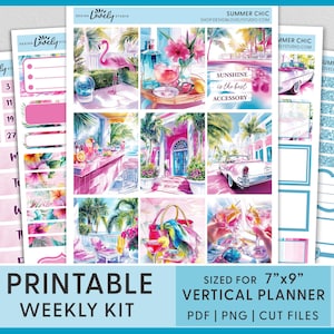 Palm Beach Glam Weekly Sticker Kit – Retro Summer Printable Planner Stickers for Erin Condren Vertical Life Planner, Flamingos, Ocean, VS280