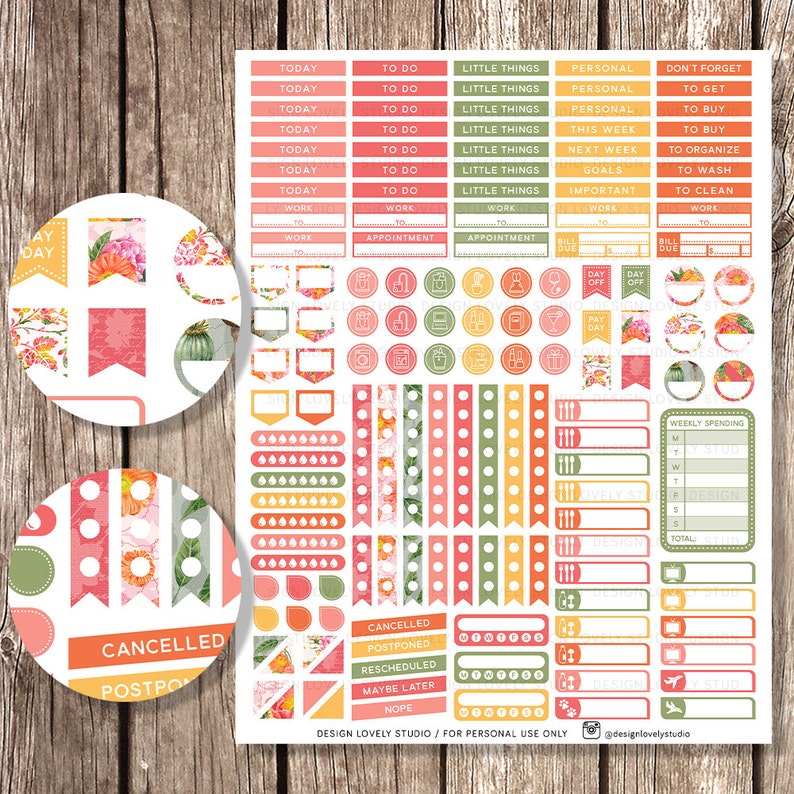 May include: A set of colorful planner stickers with floral designs. The stickers include various shapes, sizes, and text, such as "Today", "To Do", "Little Things", "Work", "Appointment", "Cancelled", "Postponed", "Rescheduled", "Maybe Later", "Nope", and "Weekly Spending".