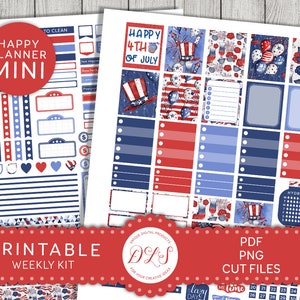 Printable 4th of July Planner Stickers Kit, Independence Day Planner Stickers Kit, Fourth of July Mini Happy Planner Weekly Kit, MW154