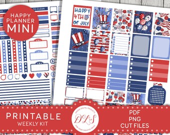 Kit de adesivos imprimíveis para planner do 4 de julho, Kit de adesivos para planner do Dia da Independência, Mini kit semanal Happy Planner do 4 de julho, MW154