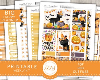 KIT d'autocollants de planificateur d'HALLOWEEN, kit hebdomadaire d'automne de grand happy Planner, autocollants d'Halloween imprimables, kit hebdomadaire d'octobre, fichiers coupés, BW148