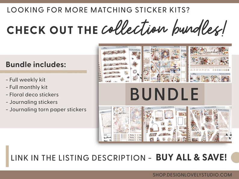 Pode incluir: An&uacute;ncio de kits de adesivos. A imagem apresenta uma cole&ccedil;&atilde;o de pacotes de adesivos com v&aacute;rios designs, incluindo kits semanais e mensais completos, adesivos decorativos florais e adesivos de di&aacute;rio. O texto na imagem diz "CHECK OUT THE collection bundles!"