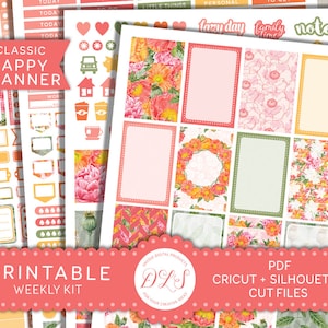 May include: Printable planner stickers with a floral theme. The stickers feature a variety of floral patterns in shades of pink, orange, and green. The stickers are designed for use with a classic happy planner. The text "CLASSIC HAPPY PLANNER" is visible at the top of the image. The text "PRINTABLE WEEKLY KIT" is visible at the bottom of the image.