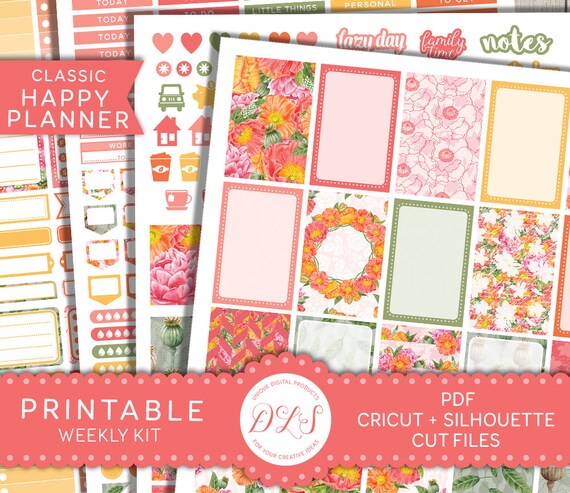 Floral Planner Stickers, Happy Planner Weekly Kit, Printable Happy Planner Stickers Kit, Create 365 Planner, Digital Stickers, HP103