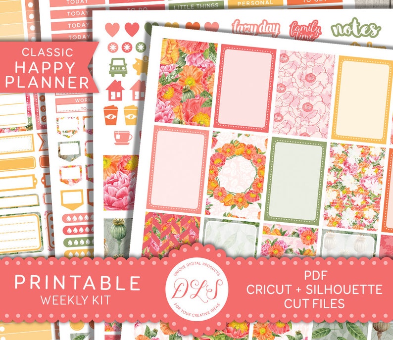 May include: Printable planner stickers with a floral theme. The stickers feature a variety of floral patterns in shades of pink, orange, and green. The stickers are designed for use with a classic happy planner. The text "CLASSIC HAPPY PLANNER" is visible at the top of the image. The text "PRINTABLE WEEKLY KIT" is visible at the bottom of the image.