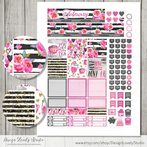 May include: A printable planner sticker sheet with a pink and black floral theme. The sheet includes a calendar, daily boxes, and various decorative elements. The text "You are my cup of tea" is featured on one of the stickers.