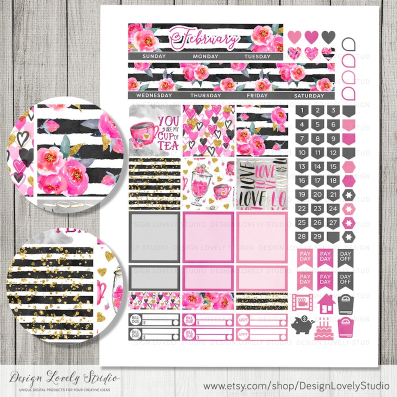 May include: A printable planner sticker sheet with a pink and black floral theme. The sheet includes a calendar, daily boxes, and various decorative elements. The text "You are my cup of tea" is featured on one of the stickers.