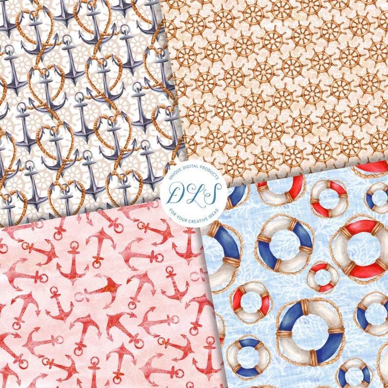 May include: Four digital paper patterns featuring nautical themes. The patterns include anchors, ship wheels, and life preservers in red, blue, and white.