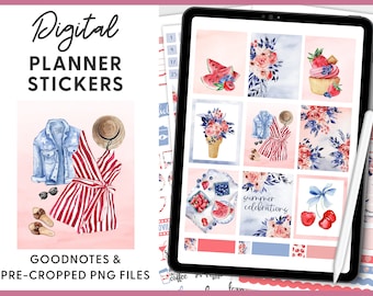 夏のデジタルプランナーステッカー、7月4日のデジタルステッカー、Goodnotesステッカー、iPadステッカー、PNGステッカー、7月のステッカー、DG104