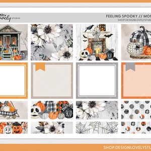 May include: A set of 10 printable Halloween themed planner stickers featuring pumpkins, a spooky house, a fireplace, and floral designs. The stickers are in a watercolour style with black and white checked patterns and orange and white polka dots.